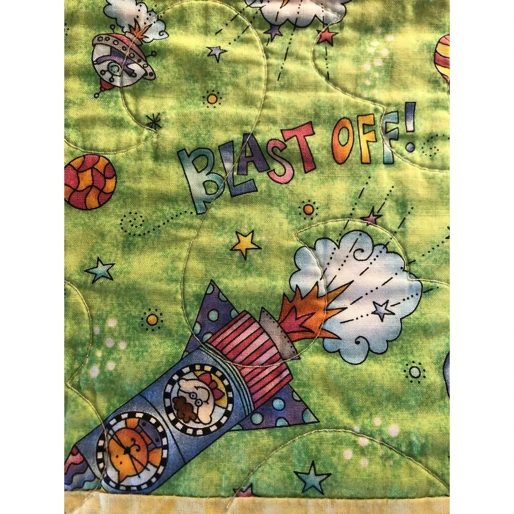Handmade Quilt 48x36 Green Kids Space Blast Off Coverlet Wall Hanging